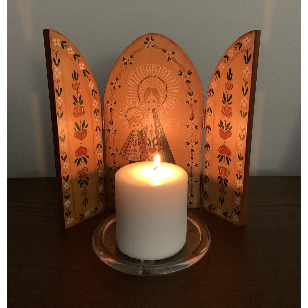 Folk Art Hand Painted Wooden Madonna And Child Trifold